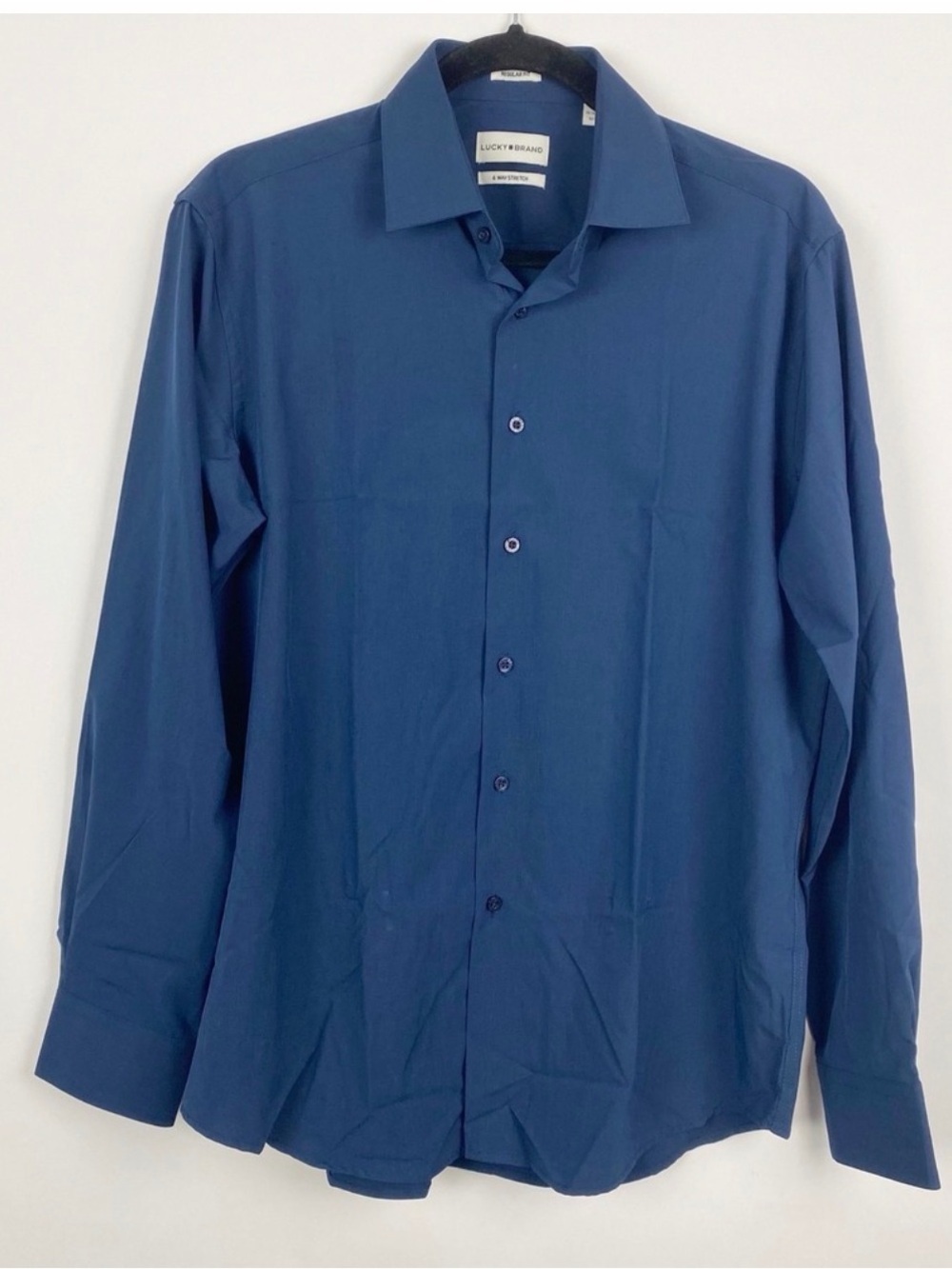 Lucky Brand Men Navy Blue slim Fit 4 Way Stretch Button Up Dress Shirt Size M